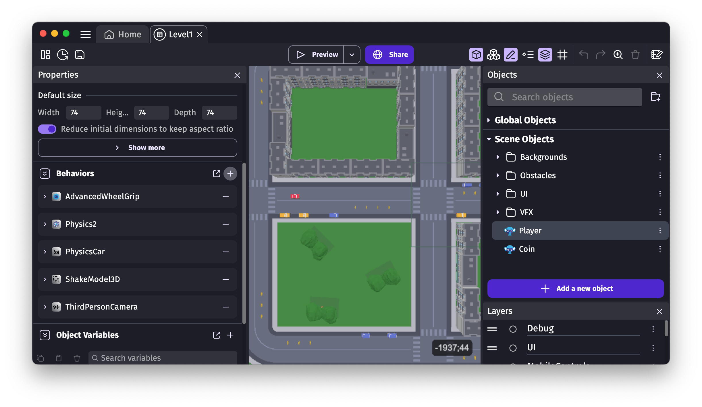 Add a behavior from the properties panel